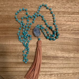 Turquoise and Pink Druzy/Tassel Necklace